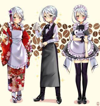 1girl apron blush coffee_beans coffee_pot employee_uniform gambe green_hair highres japanese_clothes kimono looking_at_viewer maid maid_apron mary_janes mixed_maids multiple_views pot pretty_series pripara puffy_sleeves shikyoin_hibiki shoes short_hair silver_hair tasuki teapot thighhighs tray vest wa_maid