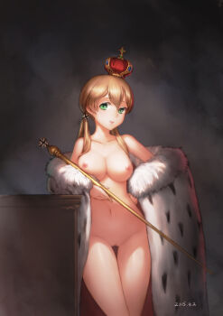 10s 1girl 2015 absurdres blonde_hair blush breasts cleft_of_venus cloak coat cross cross_hair_ornament crown dated female_focus green_eyes hair_ornament highres iron_cross kantai_collection large_breasts lips long_hair looking_at_viewer mini_crown naked_coat navel nipples nude prinz_eugen_(kancolle) pussy qingmingtongzi royal_robe scepter solo staff standing thigh_gap twintails uncensored