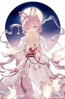 1girl chinese_clothes chinese_commentary closed_eyes commentary_request dress elysia_(hi_love_elf)_(honkai_impact) elysia_(honkai_impact) hair_ornament hair_rings highres holding honkai_(series) honkai_impact_3rd lantern long_hair looking_at_viewer moon night one_eye_closed paper_lantern pink_hair pointy_ears purple_eyes purple_sky qqqne sky solo variant_set white_background white_dress