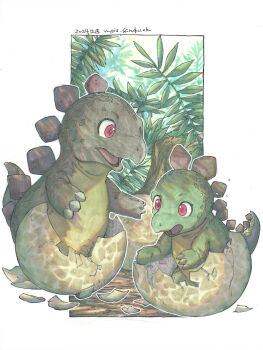 animal baby_animal beak border broken_egg claws commentary_request dinosaur dirt green_scales hatching hatchlings highres looking_at_another making-of_available marker_(medium) meiz nature no_humans open_mouth original outdoors outline painting_(medium) plant prehistoric_animal red_eyes scales shikishi spines surprised tail traditional_media watercolor_(medium) white_border white_outline