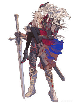 1boy 1girl absurdres armor armored_boots balmung_(fate) black_jacket black_pantyhose blonde_hair blue_eyes boots braid breasts carrying carrying_person crown_braid dark-skinned_male dark_skin fate/grand_order fate_(series) garrison_cap gloves grey_eyes hat highres holding holding_sword holding_weapon husband_and_wife jacket jewelry kriemhild_(fate) kriemhild_(second_ascension)_(fate) lifting_person long_hair mole mole_under_eye necklace pale_skin pants pantyhose scar scar_on_face scar_on_neck shunreiseiya siegfried_(fate) simple_background skirt smile standing sword watermark wavy_hair weapon weibo_watermark white_background