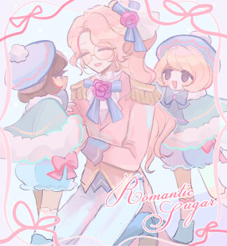 1boy 2others :d ^_^ adjusting_another&#039;s_clothes age_difference aqua_capelet bad_id bad_pixiv_id blonde_hair blue_background blue_boots blue_bow blue_bowtie blue_hat blue_shoes blue_shorts bob_cut boots bow bowtie brown_eyes brown_hair capelet closed_eyes coat cookie_run cookie_run:_ovenbreak dark_skin earl_grey_cookie earl_grey_cookie_(romantic_sugar_s/s_collection_model) face-to-face facing_another feet_out_of_frame flower foot_out_of_frame frilled_shorts frills full_body fur-trimmed_capelet fur_trim glasses hair_bow hair_flower hair_ornament halftone hamchan69 hat high_heel_boots high_heels high_ponytail highres humanization jitome knee_boots kneehighs knees_out_of_frame long_hair long_sleeves looking_at_another mole mole_under_mouth multiple_others no_pupils official_alternate_costume official_alternate_hair_color official_alternate_hair_length official_alternate_hairstyle open_mouth pale_skin pants pawn_black_cookie pawn_white_cookie pink_bow pink_coat pink_flower pink_hair pink_ribbon pink_rose pom_pom_(clothes) ponytail profile puffy_shorts ribbon rose round_eyewear shoes short_hair shorts siblings simple_background smile socks standing standing_on_one_leg twins very_long_hair wavy_hair white_pants white_socks yellow-framed_eyewear