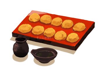 akashiyaki cat commentary_request dashi_(stock) dumpling food food_focus hakuchizu no_humans orange_cat original saucer simple_background takoyaki_pan undersized_animal