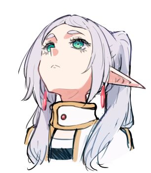 1girl absurdres capelet commentary cropped_shoulders english_commentary frieren frown gold_trim green_eyes grey_hair hair_over_shoulder head_back highres long_pointy_ears looking_up mat_(matdesenheiro) parted_bangs pointy_ears shirt simple_background solo sousou_no_frieren striped_clothes striped_shirt thick_eyebrows twintails upward_angle_frieren_drawing white_background white_capelet