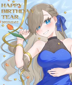 Rule 34 | 1girl, bare arms, bare shoulders, birthday, blue dress, blue eyes, blue ribbon, blush, braid, breasts, brown hair, character name, collarbone, commentary request, confetti, dated, dress, flower, gold ribbon, hair ribbon, happy birthday, highres, kahataredoki 05, large breasts, long hair, looking at viewer, orange flower, orange tulip, parted lips, petals, ribbon, see-through cleavage, see-through clothes, sleeveless, sleeveless dress, smile, solo, tales of (series), tales of the abyss, tear grants, tulip, upper body
