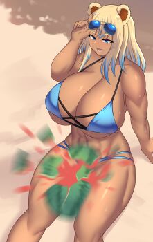 1girl abs absurdres adjusting_eyewear animal_ears between_thighs bikini blonde_hair blue-tinted_eyewear blue_bikini blue_eyes blue_streaks breasts cleavage collarbone commentary crushing_food english_commentary eyewear_on_head feet_out_of_frame food fruit highres huge_breasts jifuwabe motion_blur multicolored_hair muscular muscular_female open_mouth original sand sitting solo streaked_hair swimsuit tinted_eyewear watermelon watermelon_between_thighs