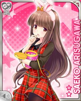 1girl animal_ears arisugawa_saeko black_pantyhose black_sleeves bow brown_eyes brown_hair bucket card_(medium) character_name dress eating fake_animal_ears food girlfriend_(kari) holding holding_bucket long_hair looking_at_viewer official_art pantyhose pink_background plaid_clothes plaid_dress popcorn qp:flapper rabbit_ears red_dress shirt skirt solo standing striped_bow watch wristwatch yellow_bow