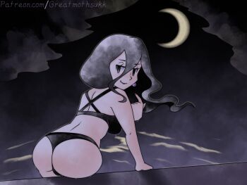 1girl bikini black_bikini black_hair breasts earrings greatmothsucks hair_between_eyes hex_maniac_(pokemon) hex_maniac_(pokemon_legends:_z-a) highres jewelry long_hair looking_at_viewer moon nintendo paid_reward_available pokemon pokemon_legends:_z-a poolside retro_artstyle sphere_earrings sugimori_ken_(style) swimsuit