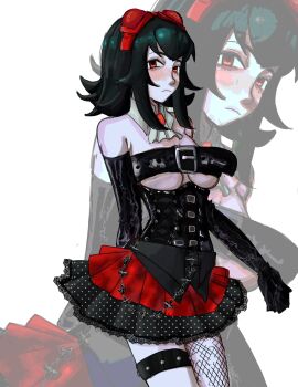 1girl absurdres ascot bare_shoulders belt belt_bra black_belt black_gloves black_hair black_leotard black_trim breasts closed_mouth commentary detached_collar elbow_gloves gloves goggles goggles_on_head hatsuno highres large_breasts leather leather_gloves leotard looking_at_viewer medium_hair polka_dot_trim red-framed_eyewear red-tinted_eyewear red_eyes red_skirt sidelocks single_fishnet_legwear skirt solo thigh_strap tinted_eyewear underboob vocaloid white_ascot white_background zoom_layer zumi