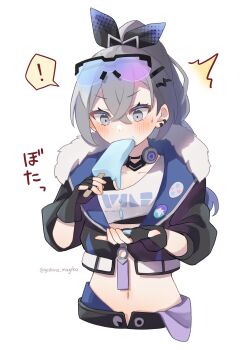 Rule 34 | !, absurdres, belly, black gloves, black shirt, blush, commentary request, crop top, cropped jacket, cropped torso, earclip, eating, food, gloves, goggles, goggles on head, grey eyes, grey hair, hair ornament, hairpin, highres, holding, holding food, holding popsicle, honkai: star rail, honkai (series), long hair, melting, melting popsicle, multiple hairpins, navel, ponytail, popsicle, purple-tinted eyewear, shirt, silver wolf (honkai: star rail), speech bubble, spoken exclamation mark, surprised, tinted eyewear, translation request, twitter username, yoshino mugiko