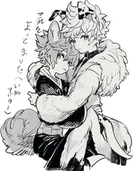 2boys alternate_costume animal_ears arms_around_neck arms_around_waist commentary_request dalmatian dog_ears dog_tail floppy_ears fur-trimmed_hood fur_trim greyscale hood invisible_chair kemonomimi_mode kingdom_hearts leg_between_thighs light_smile looking_to_the_side male_focus monochrome multiple_boys robe robert_(robahato) roxas short_hair simple_background sitting sora_(kingdom_hearts) spiked_hair tail translation_request upper_body white_background yaoi