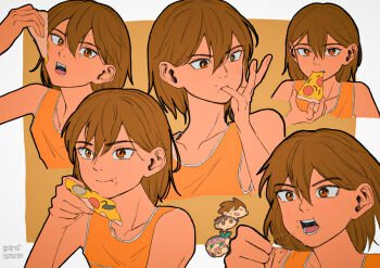 1girl 3boys aubrey_(faraway)_(omori) aubrey_(omori) brothers brown_eyes brown_hair chibi closed_mouth collarbone commentary_request dark-skinned_male dark_skin food hair_behind_ear hero_(faraway)_(omori) hero_(omori) holding holding_food kel_(faraway)_(omori) kel_(omori) looking_at_viewer male_focus msdnno_kabe multiple_boys omori open_mouth pizza pizza_slice short_hair siblings sunny_(omori) teeth upper_teeth_only