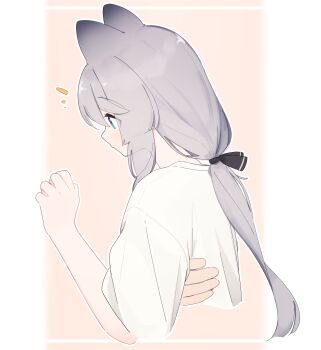 Rule 34 | 1girl, animal ears, black ribbon, blue eyes, blush, brown background, closed mouth, commentary, cropped torso, grey hair, hair ribbon, hand up, highres, long hair, low ponytail, original, ponytail, ribbon, riya (01214), shirt, short sleeves, solo, symbol-only commentary, upper body, very long hair, white shirt