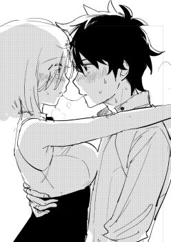 1boy 1girl arm_at_side bare_arms blush breasts collared_shirt fate/grand_order fate_(series) fujimaru_ritsuka_(male) hand_around_waist hands_on_another's_shoulder hrmyk kiss looking_at_another mash_kyrielight medium_breasts monochrome parted_lips saliva saliva_trail shirt short_hair sweat