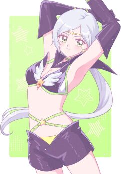 Rule 34 | 1girl, arms up, bishoujo senshi sailor moon, bishoujo senshi sailor moon stars, black gloves, black sailor collar, bra, breasts, brooch, circlet, cleavage, commentary, detached collar, earrings, elbow gloves, gloves, green eyes, highres, jewelry, long hair, looking at viewer, medium breasts, midriff, navel, ponytail, sailor collar, sailor star healer, shorts, smile, solo, star (symbol), star brooch, star earrings, underwear, untranslatable commentary, white hair, yaten kou, yumeko (yumemexx)