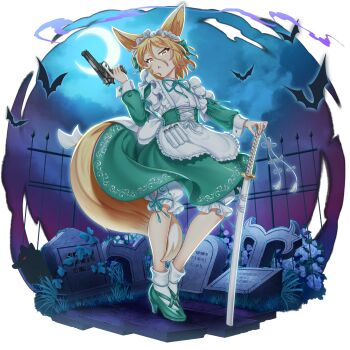 1girl alternate_costume animal_ears apron back_bow bat_(animal) blonde_hair bloomers bow crescent_moon dress flower flower_request fox_ears fox_girl fox_tail frilled_hairband frills full_body game_cg grave green_dress green_ribbon green_shoes hair_between_eyes hairband hand_on_hilt high_heels highres katana kudamaki_tsukasa long_sleeves looking_at_viewer moon neck_ribbon night official_art open_mouth ribbon rotte_(1109) sheath sheathed shoes socks solo sword tail test_tube third-party_source tombstone touhou touhou_lostword transparent_background underwear waist_apron weapon white_apron white_bloomers white_bow white_flower white_socks