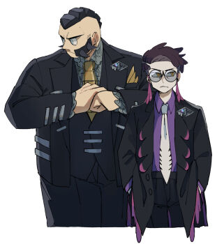 2boys black-framed_eyewear black_hair black_jacket black_pants black_suit black_vest closed_mouth collared_shirt corbeau_(pokemon) cracking_knuckles eyewear_strap facial_hair formal_clothes frown glasses hands_in_pockets highres jacket long_sleeves looking_to_the_side male_focus mashita._(mentaiko_omoti) mega_stone mohawk multiple_boys mutton_chops necktie nintendo open_clothes open_jacket pants parted_hair philippe_(pokemon) pokemon pokemon_legends:_z-a purple_hair purple_shirt round_eyewear shirt short_hair short_sideburns simple_background suit undercut vest white_background white_necktie yellow_eyes yellow_necktie