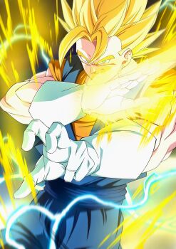 1boy absurdres arm_blade aura blonde_hair blue_pants blue_sash blue_shirt cowboy_shot dragon_ball dragonball_z earrings electricity energy_sword gloves hase125639 highres jewelry male_focus medium_hair muscular muscular_male orange_shirt pants potara_earrings sash shirt smirk solo spiked_hair super_saiyan super_saiyan_1 sword vegetto weapon white_gloves