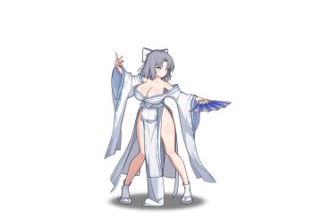 1girl :o animated animated_gif attack bare_shoulders blue_eyes blush body_blush bouncing_breasts bow breasts cleavage collarbone crossover fighting_stance folding_fan furisode game_asset grey_hair groin hair_bow hand_fan holding holding_fan japanese_clothes kimono large_breasts looking_at_viewer looping_animation lost_sword:_tales_of_britania low_neckline no_panties official_art paper_fan parted_bangs pelvic_curtain print_fan print_paper_fan revealing_clothes ribbon-trimmed_kimono ribbon_trim sandals senran_kagura shiny_skin short_hair side_slit simple_background socks solo spinning standing striped_bow tabi white_background white_bow white_kimono white_socks wide_sleeves yumi_(senran_kagura) zouri