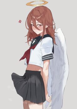 1boy absurdres angel_devil_(chainsaw_man) angel_wings anger_vein annoyed arms_behind_back black_skirt blue_sailor_collar blush brown_eyes brown_hair bulge chainsaw_man crossdressing crossdressing_(mtf) dera_self embarrassed erection erection_under_clothes from_side grey_background hair_between_eyes halo highres long_hair looking_at_viewer neckerchief pleated_skirt red_neckerchief sailor_collar shirt skirt solo sweat trap white_shirt wings