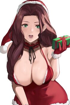 1girl alternate_costume black_ribbon breasts brown_hair choker christmas cleavage collarbone commentary_request covered_navel dorothea_arnault dorothea_arnault_(timeskip) dress fire_emblem fire_emblem:_three_houses fur-trimmed_gloves fur-trimmed_headwear fur_trim gift gloves green_eyes hat highres j@ck large_breasts long_hair looking_at_viewer neck_ribbon nintendo open_mouth parted_bangs red_dress red_gloves red_hat ribbon santa_hat smile solo wide_hips