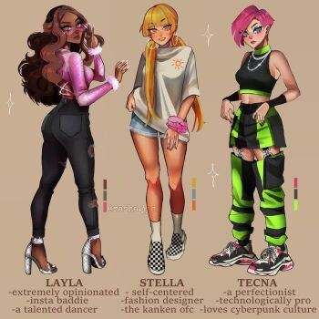 3girls adjusting_eyewear aisha_(winx_club) alternate_costume alternate_universe ankle_socks asymmetrical_hair back_cutout bad_source bare_shoulders belt belt_buckle black_arm_warmers black_belt black_footwear black_nails black_pants black_shirt blonde_hair blue_eyes blue_shorts blunt_bangs breasts brown_background brown_hair buckle chain chain_necklace character_name checkered_footwear clip_studio_paint_(medium) closed_mouth clothing_cutout collar collared_shirt color_guide commentary dark-skinned_female dark_skin denim denim_shorts earrings english_commentary english_text expressionless eyelashes fashion feet from_behind full_body fur-trimmed_sleeves fur_trim green_collar green_eyes green_pants grey_footwear hair_over_shoulder hand_on_eyewear hand_on_own_hip high_heels hoop_earrings instagram_username jeans jewelry leg_cutout light_blush lipstick long_hair long_sleeves looking_at_viewer looking_back low_twintails makeup medium_breasts midriff multiple_girls nail_polish navel necklace open_mouth pants photoshop_(medium) pink-tinted_eyewear pink_nails pink_shirt pink_sleeves pink_wrist_cuffs pocket purple_hair rasha.jpg red_lips shirt shoes short_hair short_shorts short_sleeves shorts simple_background single_wrist_cuff sleeveless sleeveless_shirt smile sneakers socks sparkle stella_(winx_club) straight_hair striped_clothes striped_pants sun_print sunglasses tecna_(winx_club) teeth thick_eyebrows tinted_eyewear toenail_polish toenails torn_clothes torn_pants triangular_eyewear twintails two-tone_footwear two-tone_pants very_dark_skin wavy_hair white_footwear white_nails white_shirt white_sleeves white_socks winx_club wrist_cuffs y2k_fashion yellow_eyes