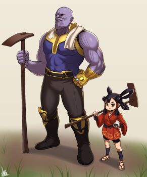 1boy 1girl :t avengers:_endgame avengers_(series) black_hair blouse boots brown_background brown_eyes colored_skin commentary_request crossover hand_on_own_hip highres infinity_gauntlet jmg long_hair marvel marvel purple_skin sakuna-hime shirt signature simple_background sleeveless sleeveless_shirt standing tensui_no_sakuna-hime thanos
