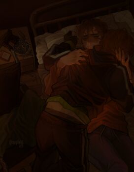 Rule 34 | 2boys, afraid of monsters, ashtray, beard stubble, black gloves, black hair, black hoodie, brown hair, character request, check character, cigarette, closed eyes, clothes lift, commentary, creator connection, crossover, cry of fear, david leatherhoff, english commentary, facial hair, feet out of frame, fingerless gloves, gloves, hand on another's back, highres, hood, hoodie, hug, lying, male focus, midriff peek, mogilnik6, multiple boys, on back, red hoodie, shirt lift, simon henriksson, striped clothes, striped hoodie, stubble, wheelchair, wrist cutting, yaoi