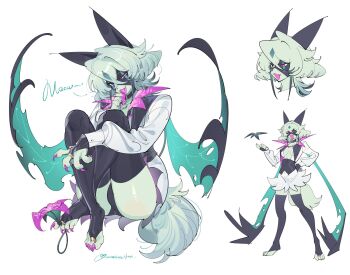 1girl alternate_color animal_nose black_gloves black_thighhighs body_fur breasts bridal_gauntlets claws cleavage collar dot_nose dress fang fangs fingernails flower full_body furry furry_female gloves green_fur green_hair highres holding holding_flower holding_with_feet humanization knees_to_chest knees_up licking licking_finger long_fingernails looking_at_viewer mask medium_breasts meowscarada multiple_views nintendo open_clothes open_mouth panties panty_peek personification pink_eyes pink_nails pokemon pokemon_(creature) sharp_fingernails sharp_tongue shiny_pokemon short_dress short_hair short_tail sitting smile standing tail thighhighs two-tone_fur underwear white_dress zocehuy