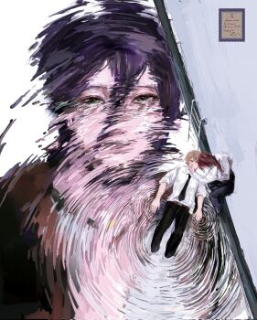 1boy 2girls black_necktie black_pants blonde_hair chainsaw_man denji_(chainsaw_man) doeun_o_o green_eyes hair_between_eyes highres looking_at_viewer makima_(chainsaw_man) multiple_girls necktie pants pool purple_hair red_hair reze_(chainsaw_man) ripples shirt white_background white_shirt