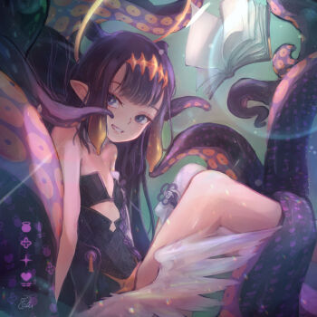 1girl black_dress blue_eyes book cyasha diamond_hairband dress flat_chest floating floating_book floating_object gradient_hair hairband hololive hololive_english low_wings multicolored_hair ninomae_ina&#039;nis ninomae_ina&#039;nis_(1st_costume) orange_hair orange_hairband pointy_ears single_thighhigh solo strapless strapless_dress tentacle_hair tentacles thighhighs tube_dress virtual_youtuber wings