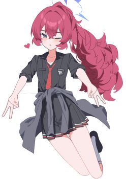 1girl absurdres anma21 black_shirt black_skirt blue_archive commentary_request cosplay double_v erika_(blue_archive) erika_(blue_archive)_(cosplay) grey_eyes halo highres iroha_(blue_archive) kneehighs long_hair looking_at_viewer necktie one_eye_closed open_mouth purple_halo red_hair red_necktie shirt simple_background skirt socks solo thigh_gap thighs v white_background white_socks