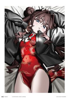 1girl absurdres arms_up black_jacket blue_eyes blush breasts brown_hair china_dress chinese_clothes cowboy_shot double_bun dragon_print dress elisia_valfelto hair_bun hair_intakes highres jacket long_hair looking_at_viewer luicent lying on_back open_clothes open_jacket original parted_lips pelvic_curtain red_dress side_slit small_breasts solo