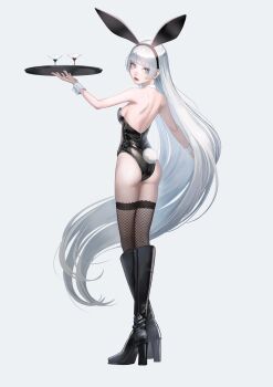 1girl absurdres animal_ears aoi_machi ass black_boots black_leotard boots breasts bright_pupils detached_collar fake_animal_ears fishnet_thighhighs fishnets full_body highres hime_cut holding holding_tray knee_boots leotard long_hair looking_at_viewer looking_back original platform_boots playboy_bunny rabbit_ears rabbit_tail shiny_leotard simple_background small_breasts standing tail thighhighs tray very_long_hair white_background white_hair white_pupils wrist_cuffs