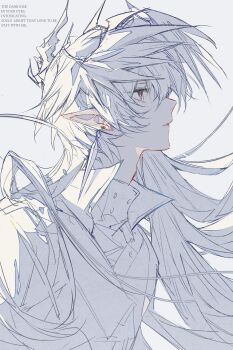 Rule 34 | 1boy, absurdres, adam's apple, arknights, earrings, english text, from side, head wings, high collar, highres, horns, jeathur, jewelry, logos (arknights), looking up, male focus, monochrome, parted lips, pointy ears, profile, red eyes, simple background, solo, spot color, turtleneck, upper body, wings