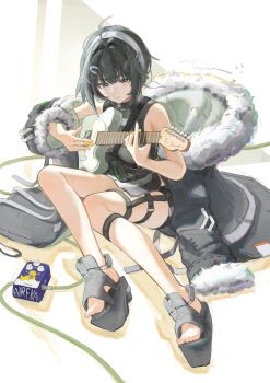 1girl absurdres ahoge arknights black_hair closed_mouth coat fur-trimmed_coat fur_trim grey_eyes grey_hairband guitar hair_intakes hair_ornament hairband hairclip highres instrument la_pluma_(arknights) looking_at_viewer music platform_sandals playing_guitar playing_instrument plectrum sandals short_hair single_off_shoulder sitting solo yiuo_toyi