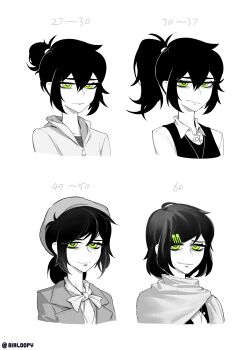 1girl absurdres age_progression aierlaobo arms_at_sides bags_under_eyes beanie bow bowtie bright_pupils buttons character_age closed_mouth collared_shirt commentary cropped_shoulders double-parted_bangs english_commentary frown green_eyes greyscale hair_between_eyes hair_bun hair_ornament hair_tie hairclip half-closed_eyes hat high_contrast high_ponytail highres hood hood_down hoodie jacket jewelry lapels looking_at_viewer low_ponytail mature_female monochrome multiple_views necklace notched_lapels old old_woman open_clothes open_jacket parallel_hairclips ponytail renee_graves scarf shirt short_hair sidelocks simple_background single_hair_bun smile spot_color sweater_vest the_coffin_of_andy_and_leyley wavy_mouth white_background zipper