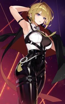 1girl absurdres arm_strap arm_up armpits ass bare_shoulders black_coat black_pants blonde_hair breasts chest_harness coat commentary earrings english_commentary evelyn_chevalier harness high-waist_pants highres jewelry latex latex_pants long_ribbon looking_at_viewer necktie pants purple_eyes red_background ring_hair_ornament see-through_clothes shirt solo ssong990 standing thighs thread tight_clothes tight_pants white_shirt yellow_necktie zenless_zone_zero