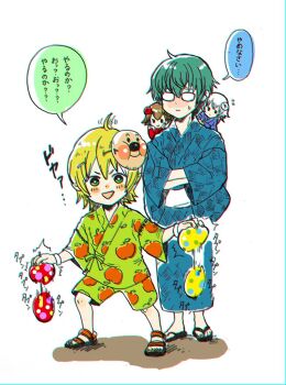 2boys 2girls alternate_costume bad_id bad_pixiv_id black_sandals blonde_hair blue_kimono brown_hair closed_mouth crossed_arms dwarf_(grimms_notes) full_body glasses green_eyes green_hair green_shirt green_shorts grey_hair grimms_notes holding jacob_grimm_(grimms_notes) japanese_clothes kimono misoshiru_umai4 multiple_boys multiple_girls open_mouth red_rose_(grimms_notes) sandals shirt short_hair shorts smile speech_bubble standing sweatdrop toenails translation_request