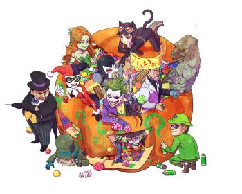 3girls 6+boys ? absurdres animal_ears bane batman_(series) black_hair blonde_hair blue_eyes bodysuit bomb bow bowler_hat bowtie brown_hair candy cat_ears cat_tail catwoman chocolate cigarette coin dc_comics domino_mask explosive eye_mask fingerless_gloves food formal_clothes gloves goggles goggles_on_head green_eyes green_hair gun halloween hand_on_headwear harley_quinn harvey_dent hat highres jack-o&#039;-lantern killer_croc leotard lipstick lollipop mad_hatter_(alice_in_wonderland) mad_hatter_(dc) makeup mask monocle multiple_boys multiple_girls necktie orange_hair pinstripe_pattern plant poison_ivy pumpkin saddle_shoes scar scarecrow_(batman) scarecrow_(dc) selina_kyle shoes spray_paint stitches striped suit swirl_lollipop tail the_joker the_penguin the_riddler top_hat toy_gun two-face umbrella vest vines waistcoat weapon