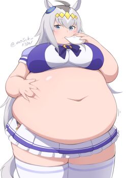 Rule 34 | 1girl, ahoge, animal ears, artist name, belly, belly grab, big belly, blue eyes, blush, bow, bowtie, breasts, ear ornament, eating, fat, fat woman, food, food on face, grey hair, hand on own stomach, holding, holding food, horse ears, horse girl, horse tail, huge belly, large breasts, long hair, masakin, mochi, navel, obese, oguri cap (umamusume), school uniform, skirt, solo, standing, tail, thick thighs, thighhighs, thighs, tiara, tight clothes, tracen school uniform, twitter username, umamusume, white background, white skirt, white thighhighs, zettai ryouiki