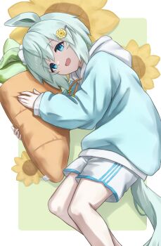 1girl absurdres animal_ears blue_eyes blue_hoodie blue_trim border carrot-shaped_pillow casual commentary drawstring ear_covers ear_scrunchie feet_out_of_frame flower flower_hairpin from_side green_background green_hair hair_between_eyes hands_up highres holding holding_pillow hood hood_down hoodie horse_ears horse_girl horse_tail long_sleeves looking_at_viewer open_mouth outside_border pillow scrunchie seiun_sky_(umamusume) short_hair shorts single_ear_cover solo sunflower tail umamusume utd_(ponzu_supai) white_border white_scrunchie white_shorts
