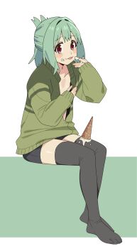 1boy :3 :p absurdres black_shorts black_thighhighs blush brown_eyes chinese_commentary commentary_request full_body green_hair green_jacket half_updo highres ice_cream_cone jacket karubi_(karubi465558) long_sleeves looking_at_viewer male_focus no_shoes open_clothes open_jacket otori_tan seitokai_ni_mo_ana_wa_aru! shorts simple_background sleeves_past_wrists solo spill thighhighs tongue tongue_out trap