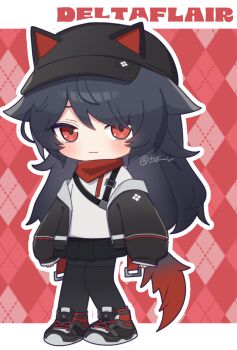 Rule 34 | 1girl, akikan sabako, animal ears, argyle background, artist name, black hair, black hat, black jacket, black pantyhose, black shoes, black skirt, blush, character name, chibi, chibi only, closed mouth, commentary request, deltaflair (vrchat), dog ears, dog girl, dog tail, full body, hat, highres, jacket, letterboxed, long hair, long sleeves, off shoulder, open clothes, open jacket, outline, outside border, pantyhose, pleated skirt, red background, red eyes, red scarf, scarf, shirt, shoes, skirt, sleeves past wrists, sneakers, solo, standing, tail, vrchat, white outline, white shirt