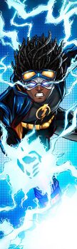 1boy belt black_hair dark_skin dc_comics electricity gloves glowing glowing_eyes goggles goggles_on_head dreadlocks highres male_focus rich_bernatovech solo static_shock virgil_ovid_hawkins