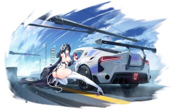 1girl absurdres artist_request ass azur_lane black_gloves black_hair boots breasts closed_mouth elbow_gloves expressionless fake_tail gloves headphones high_heels highres holding holding_power_drill large_breasts long_hair looking_at_viewer motor_vehicle non-web_source official_art outdoors power_drill purple_eyes race_queen sideboob solo strasbourg_(azur_lane) strasbourg_(faerie_of_the_race_circuit)_(azur_lane) tail thigh_boots thighhighs thighs toyota toyota_supra toyota_supra_mk_v unused_tire very_long_hair white_boots white_thighhighs