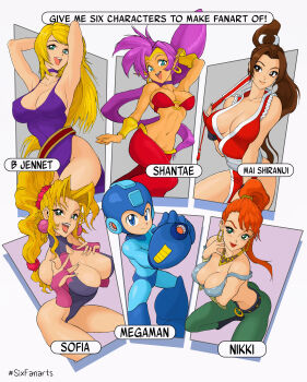 Rule 34 | 1boy, 5girls, absurdres, arm cannon, b. jenet, blonde hair, blue eyes, breasts, brown eyes, brown hair, character request, cleavage, commentary, earrings, english commentary, fatal fury, folded fan, folding fan, garou: mark of the wolves, hand fan, harem pants, helmet, highres, hoop earrings, jewelry, large breasts, long hair, matching hair/eyes, mega man (character), mega man (series), multiple drawing challenge, multiple girls, nikki (pandemonium), open mouth, orange hair, pandemonium (game), pants, pointy ears, ponytail, purple hair, revealing clothes, shantae, shantae (series), shiranui mai, six fanarts challenge, sofia (toushinden), sphere earrings, system st91, toushinden, weapon