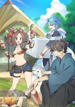 10mo 1girl 2boys animal bikini bikini_top_only black_hair black_hakama blue_eyes blue_hair blue_kimono blue_shorts blue_sky blush bracelet braid braided_ponytail breasts brown_hair campfire camping child cloud cu_chulainn_(fate) day dog earrings fate/grand_order fate_(series) fingerless_gloves firewood food forehead gloves goggles goggles_on_head hair_ribbon hakama holding holding_skewer hood japanese_clothes jewelry kimono leonardo_da_vinci_(fate) leonardo_da_vinci_(fate/grand_order) leonardo_da_vinci_(rider)_(fate) leonardo_da_vinci_(swimsuit_ruler)_(fate) long_hair long_sleeves miyamoto_iori_(fate) multiple_boys navel official_art open_mouth outdoors parted_bangs pouch promotional_art red_bikini red_eyes ribbon second-party_source setanta_(fate) shirt shorts shrug_(clothing) sidelocks skewer sky small_breasts smile sparkle spiked_hair sweatdrop swimsuit tent thigh_pouch topknot tree white_dog wide_sleeves