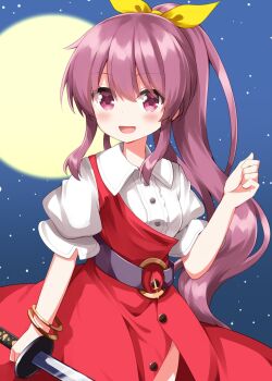 Rule 34 | 1girl, :d, blush, buttons, collared shirt, commentary, cowboy shot, full moon, hair between eyes, hair ribbon, hand up, highres, holding, holding sword, holding weapon, long hair, looking at viewer, moon, night, open mouth, outdoors, ponytail, purple hair, red eyes, red skirt, ribbon, ruu (tksymkw), shirt, short sleeves, skirt, sky, smile, solo, star (sky), starry sky, sword, touhou, watatsuki no yorihime, weapon, white shirt, yellow ribbon