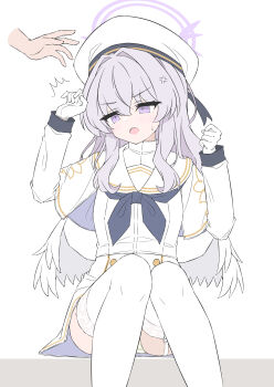1girl absurdres anger_vein blue_archive commentary_request dress garter_straps gloves halo hands_up hat highres long_sleeves mizusaki_(kn27) neckerchief open_mouth panties purple_eyes purple_hair simple_background sitting sweat tea_party_militant_(blue_archive) teeth thighhighs underwear upper_teeth_only white_background white_dress white_garter_straps white_gloves white_hat white_thighhighs white_wings wings